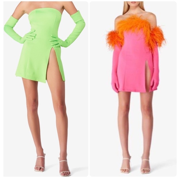 New! Miscreants Cupid Strapless Green Mini Dress with Feathers and Gloves 💚 sz 8 - Picture 2 of 11